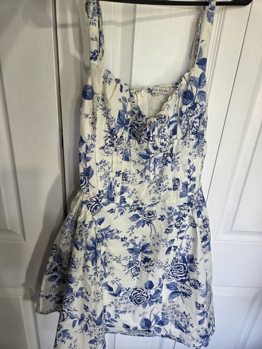 Moon River Blue White Floral Cottagecore Tie Front Mini Dress Medium
